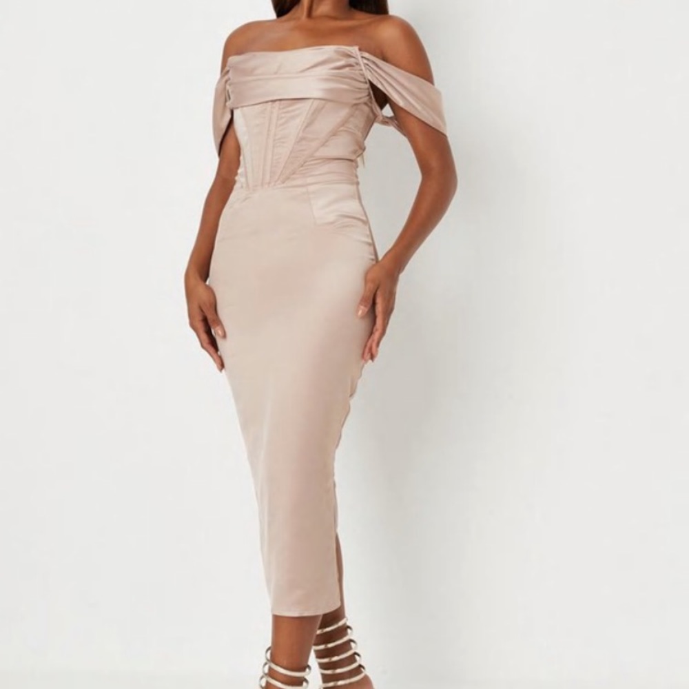 Champagne satin corset styled midi dress.